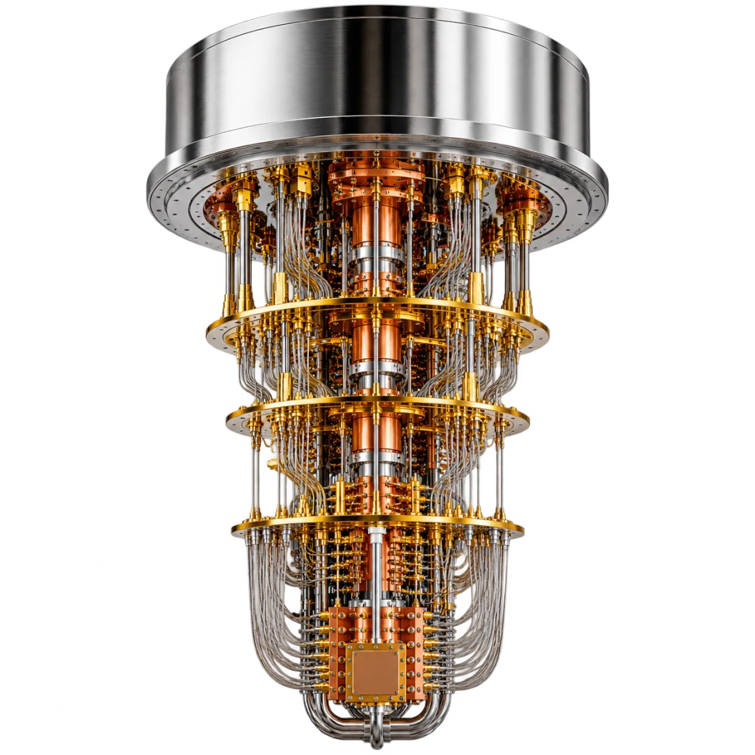 Dilution refrigerator of a quantum computer: gold and copper stages, coaxial lines and a shielded core suspended against black.