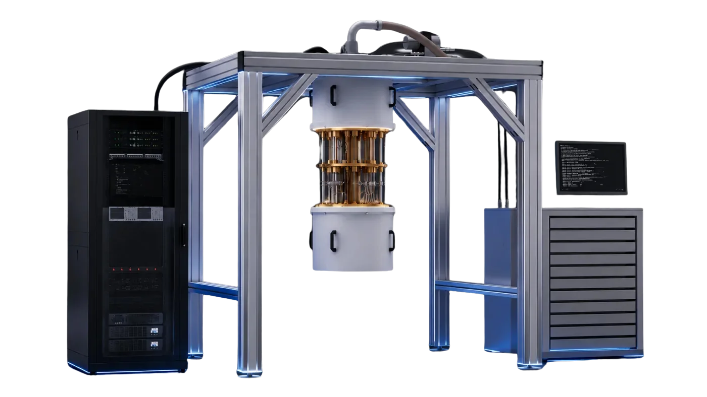 A quantum computing system: a dilution refrigerator mounted in an aluminium frame beside control racks and a monitoring terminal